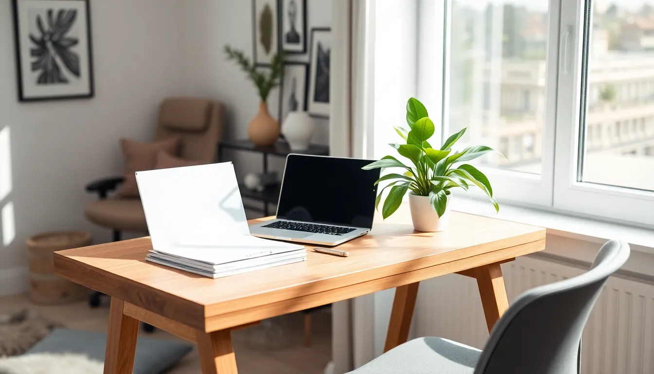 Modern small desk in a bright home office setting.