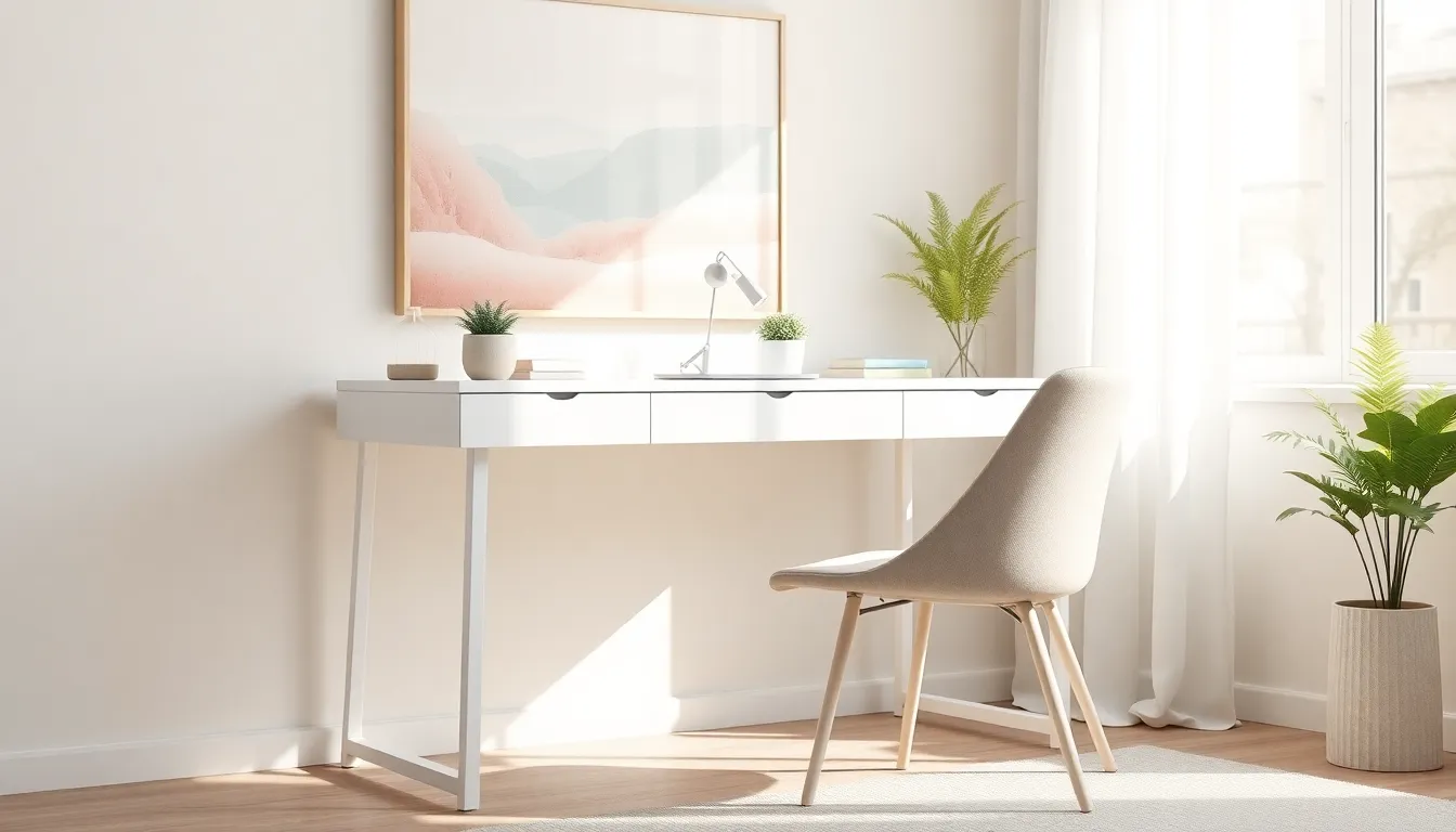 modern white home office desk in a bright, minimalist workspace.